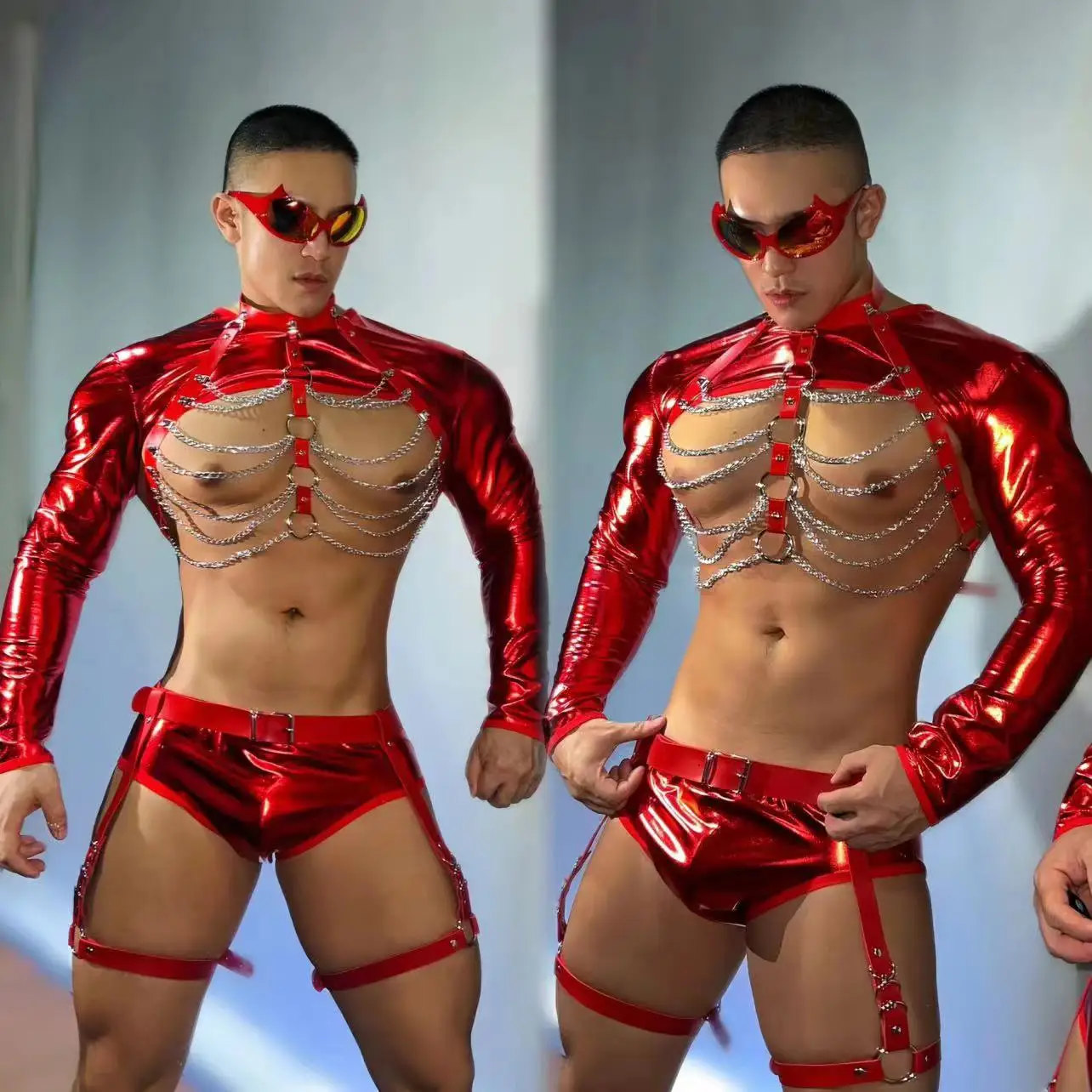 Bar Nightclub DJ Gogo Pole Dance Rave Outfit Male Singer Dancer Stage Performance Costume Sexy Red Chest Chains Tops Shorts Set