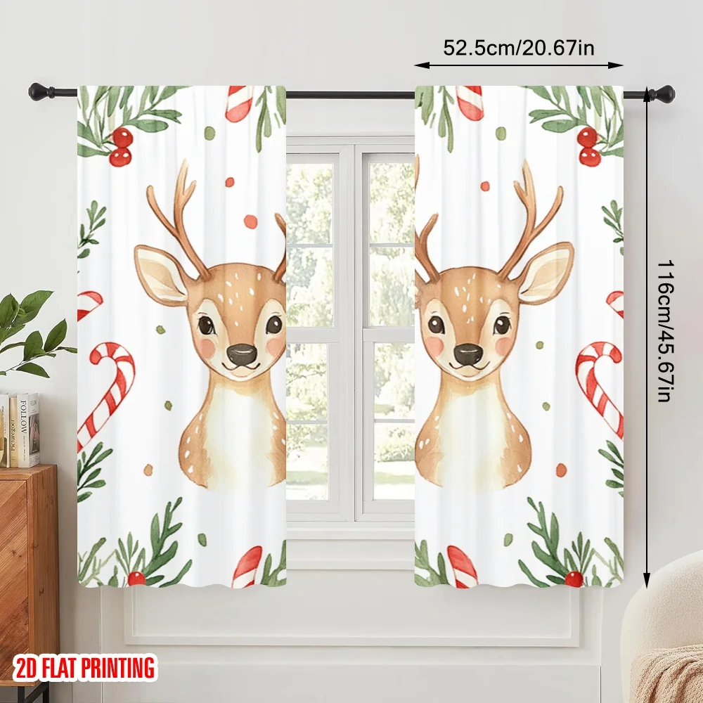 2pcs,2D plane printing Contemporary Curtains Cute Reindeer Candy Cane (3) Versatile Polyester Fabric (without rod) Room Decor