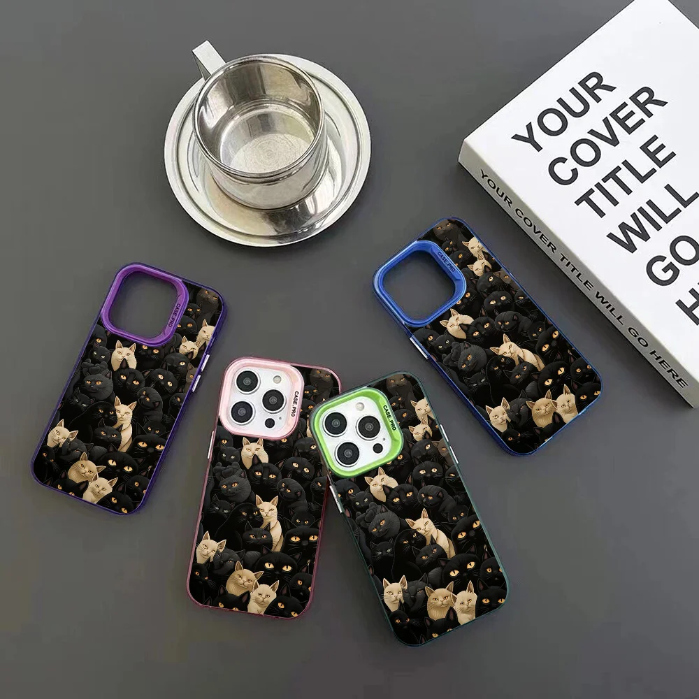 Black Cat Art Phone Case IMD Color Silver Shell For IPhone 16 15 14 13 12 Pro Max Plus