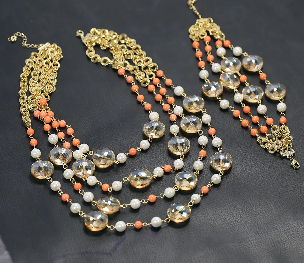 GuaiGuai Jewelry 4 Strands Orange Coral White Shell Pearl Yellow Crystal Chain Necklace Bracelet Earrings Sets Handmade For Lady