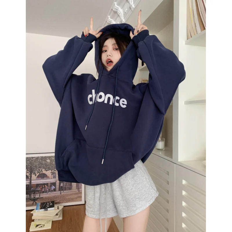 

Spring Navy Blue Women Clothing Korean Fashion Baggy Pullover Sweatshirt Letter Print Raglan Sleeves Long Sleeves Pink Hoodie