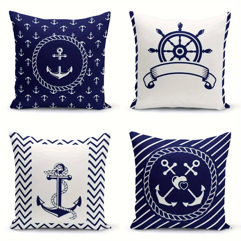 4Pcs, Nautical Anchor Heart Pattern Decorative Pillow Covers - 18x18inch , Single-Sided, Zipper Closure, Washable Polyester - Perfect for Sofa, Living Room, Bedroom Decoration, Decorative Pillows.