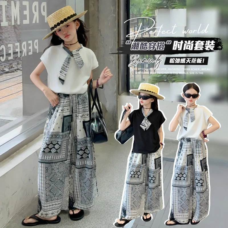 

Girls 2-Piece Tee And Pants Outfit Size 6-14Y Black/White Summer Holiday Casual Loose Clothing Set for Children Cool and Fashion