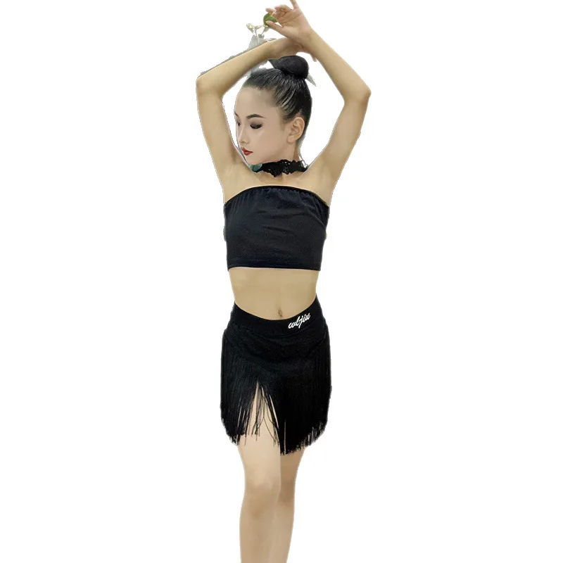 라틴 댄스 의상 소녀용 신상 넥 튜브 탑 프린지 스커트 어린이 라틴 댄스 연습 공연복 여름용
