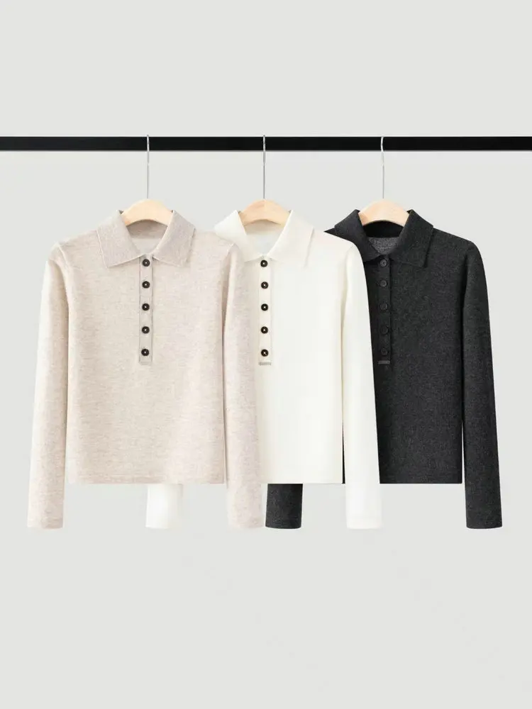 Women'S Autumn/Winter 2026 New Arrival: Anti-Static Cashmere Knit Sweater With Polo Collar And Long Sleeves