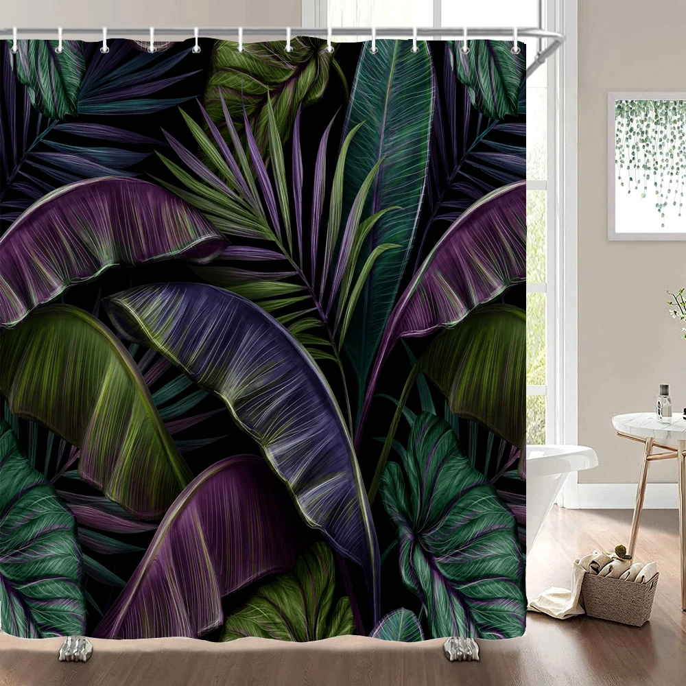 Rideau de douche imprimé plante tropicale feuille palmier, rideau de salle de bain en Polyester imperméable, décor avec crochets