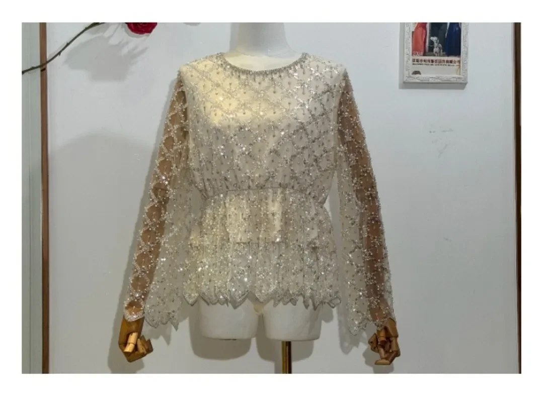 Fashion Trend Popular Crew Neck Long Sleeves Top Blouse Beaded Sequin French Medium And Long Lace Skirts For Women's Clothing