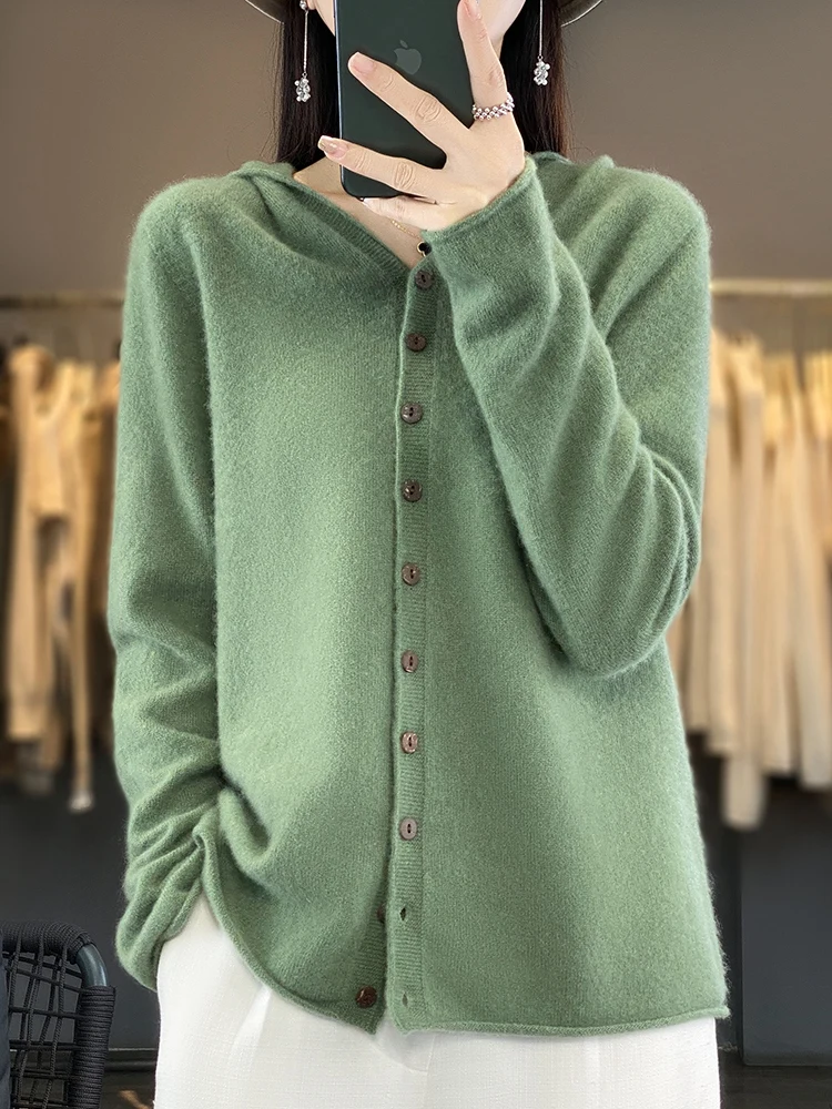 Addonee 2024 Spring Autumn Women 100% Merino Wool Hooded Sweater Cashmere Cardigan Hoodies Knittwear Basic Quality Clothing Tops