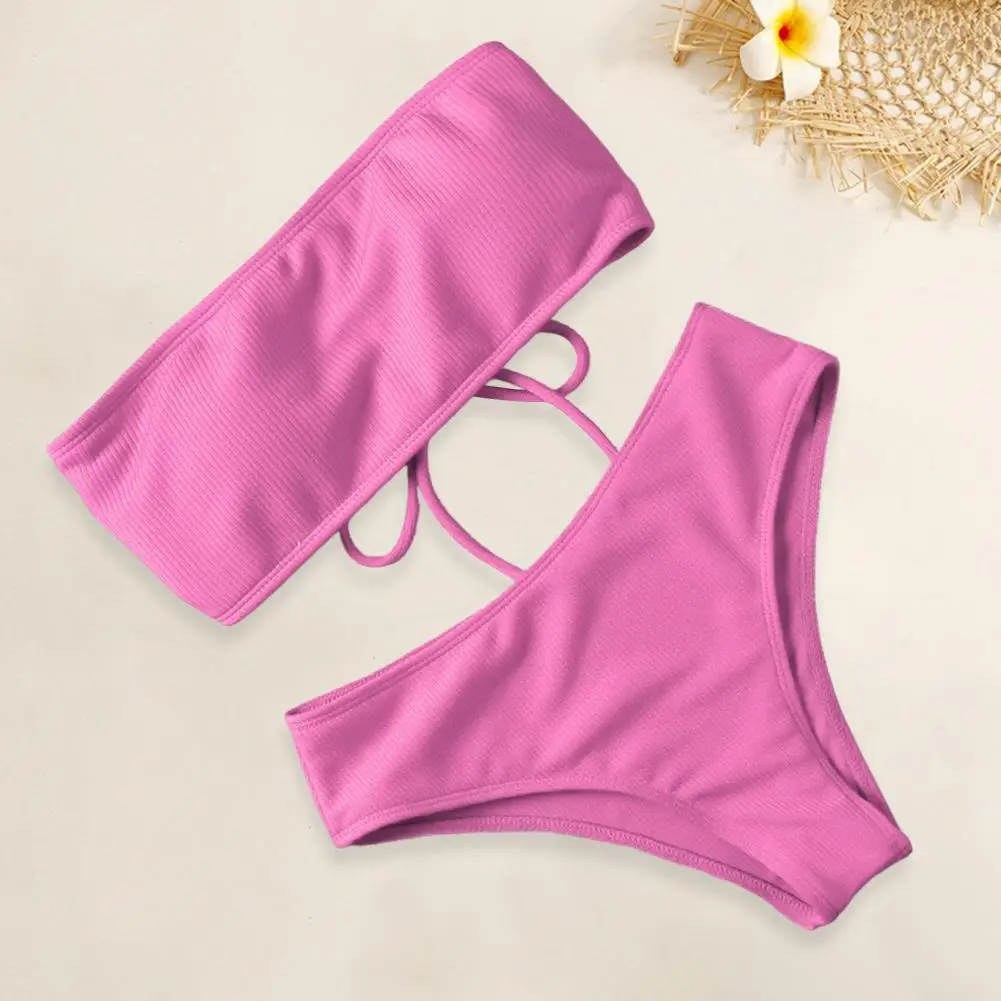 Women Beach Suit with Chest Pad No Underwire Elastic Bathing Two-piece Set Bandeau Swimming Trunks Split Bikini Set Beachwear