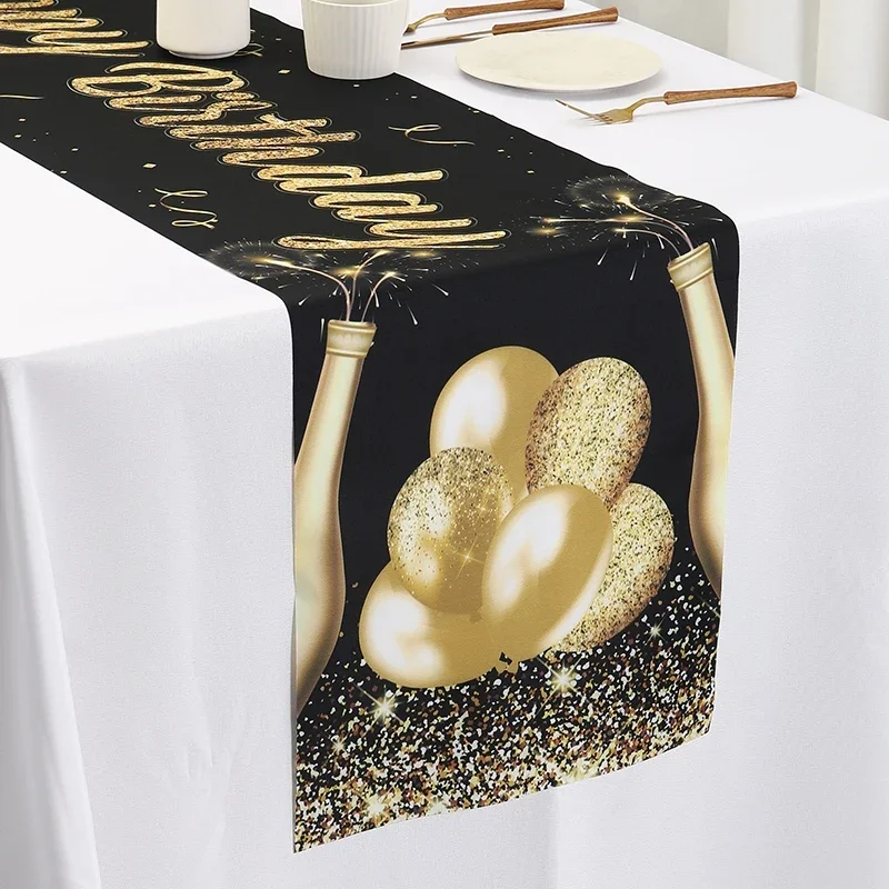 Black Gold Happy Birthday Polyester Table Runner, 30/40/50th Cover for Anniversary Holiday Men Women Birthday Party Decor