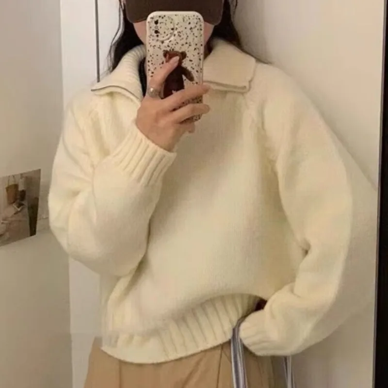 Turn-down Collar Pullovers for Women Long Sleeve Knitted Minimalist Casual Solid Autumn Winter Korean Style Ins Ulzzang Girls