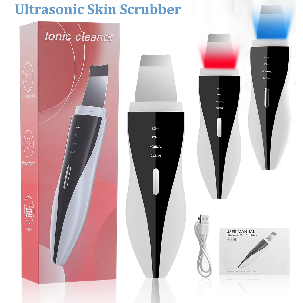 Ultrasonic Skin Scrubber EMS Red Blue Light Vibrate Face Cleaning Peeling Blackhead Remover Acne Pore Cleaner Facial Lift Shovel