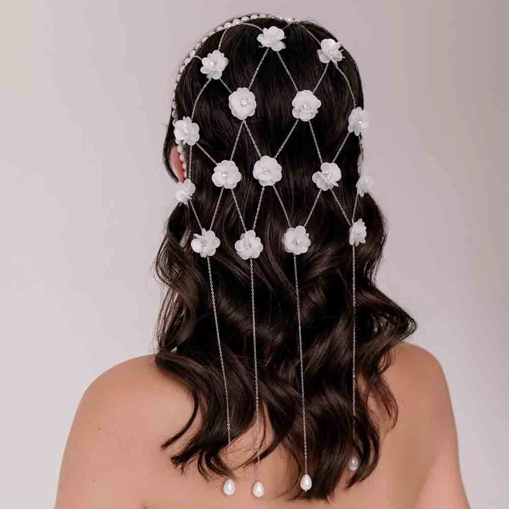 

Elegant Acrylic Flower Tassel Headband Cap Wedding Hair Accessories Bohemian Pearl Bridal Head Chain Tiara Princess for Women