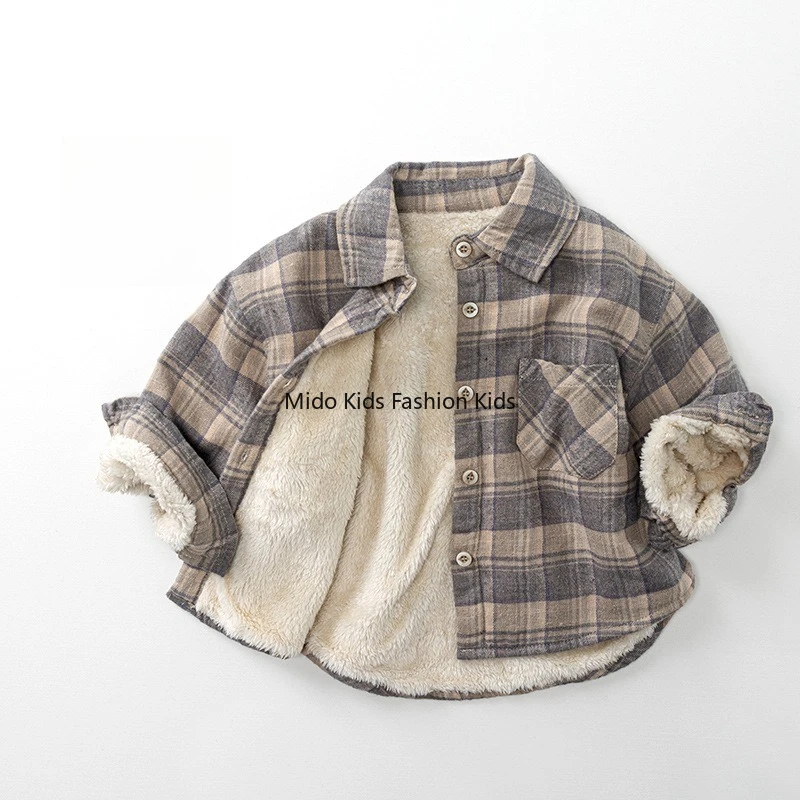 Children's children's plaid padded shirt boys and girls warm thickened top tide jacket baby small children's clothing wholesale