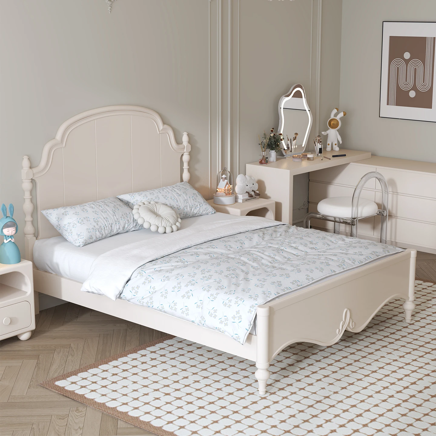French Cream-Style Solid Wood Children's Bed Minimalist Modern Princess Bed for Girls & Boys 1.5m Single Bed for Bedroompromote