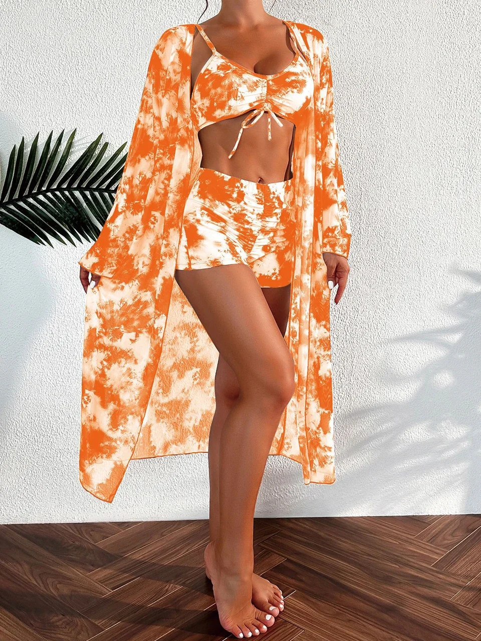 3 Pieces Tie Dye Bikinis Swimsuit 2023 New Women Drawstring Front Swimwear Female High Waist Shorts Beachwear Bathers Swim Suit