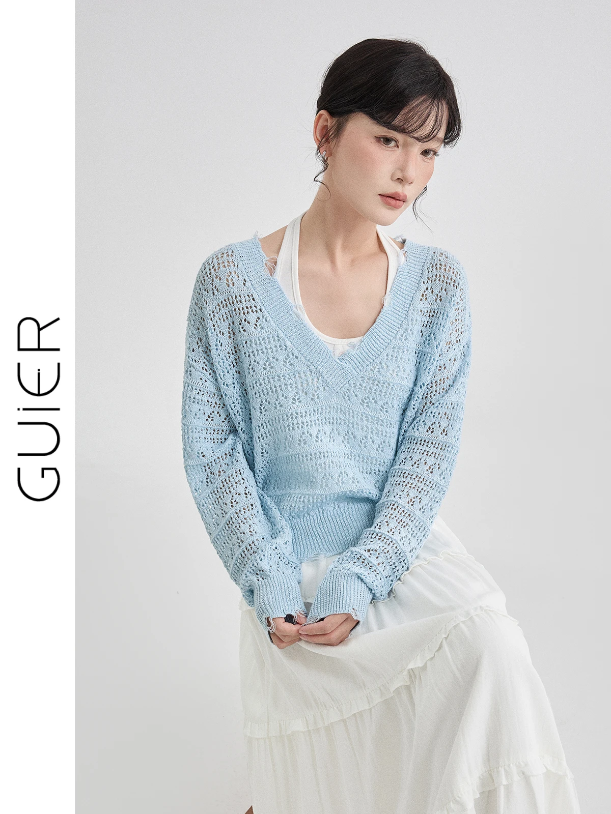 

Женский вязаный комплект Guier из двух предметов: ажурный дизайн с вырезами, модный, высококачественный, весенний, свободный крой, длинный рукав, цветной