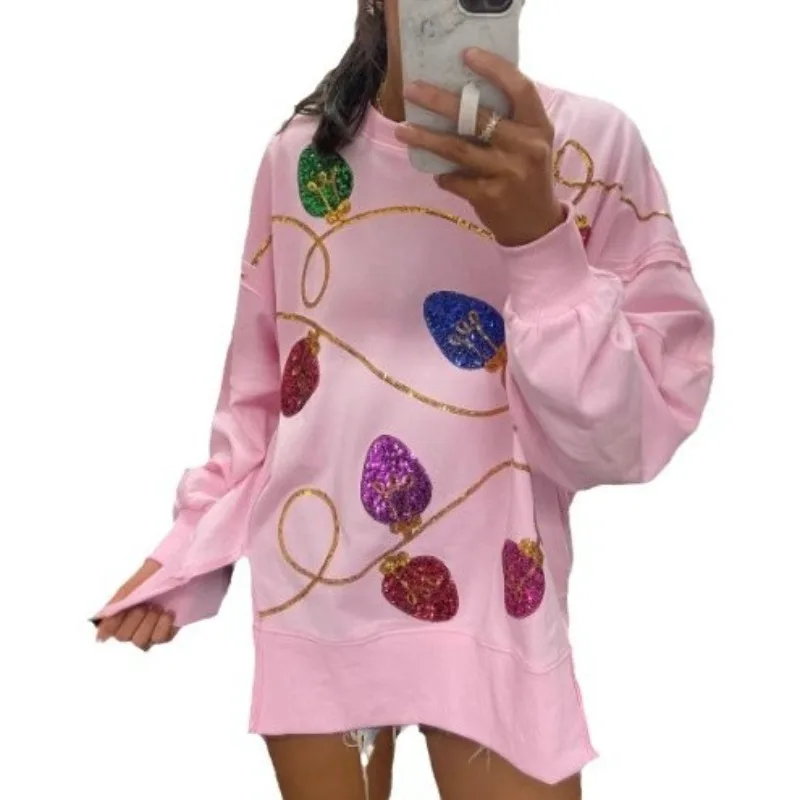 Fashion Sequin Sweatshirts Split Women Cotton Long Sleeves Pullovers Spring Women Tops Loose Hoodie Women Clothing