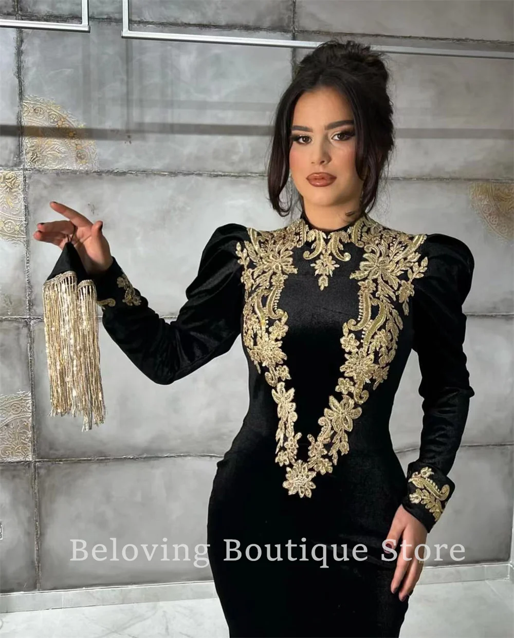 Moroccan Kaftans Appliques Mermaid Evening Dresses 2024 Robes Arabic Long Sleeves Prom Dress Muslim Beaded Wedding Party Gowns