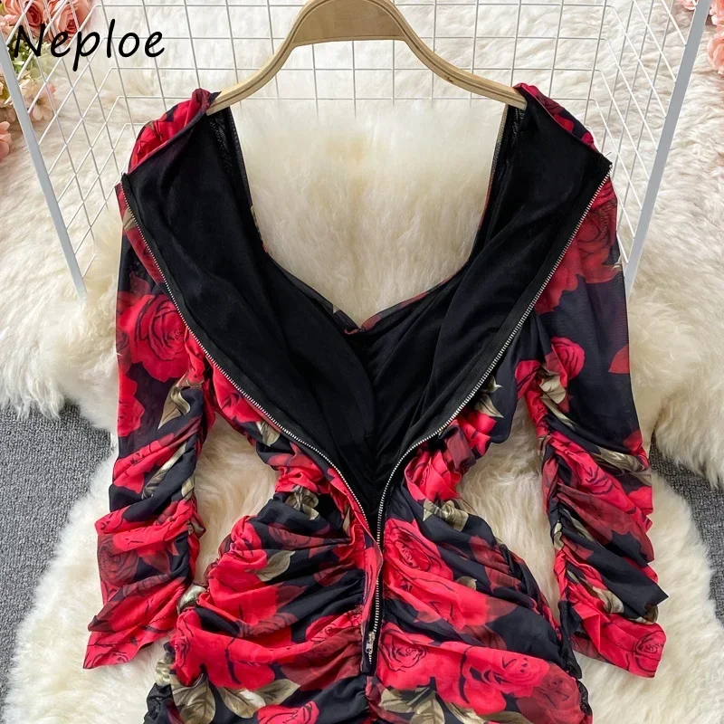 Neploe Gentle Rose Printed Female Robe Three-quarter Sleeve Slim Waist Split Dress Women Square Collar Mesh Pleated Vestidos