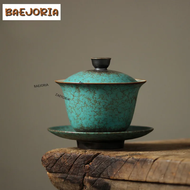 BAEJORIA 130ml Turquoise Glaze Gaiwan Ancient Tea Tureen Tea Bowl With Lid Kit Tea Maker Cover Bowl Chinese Tea Set Ornaments