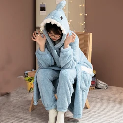 Cartoon Hooded Flannel Nightgowns Women Winter Thick Coral Velvet Kawaii Shark Cosplay Girls Pajamas Set Homewear Night Dress