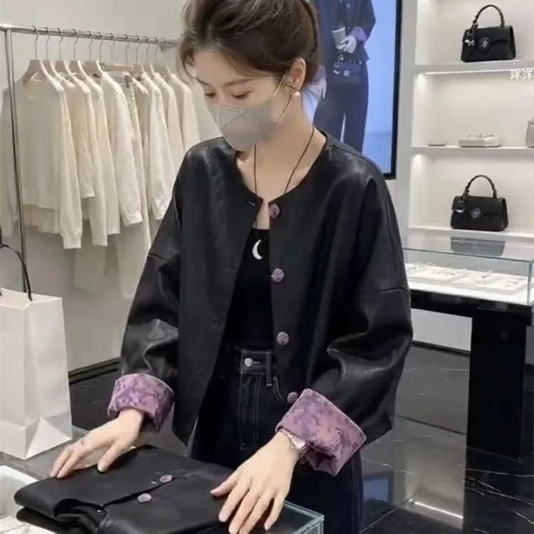 Autumn 2026 Heavy Embroidery round Neck Splicing Slimming Leather Jacket Women's Traditional Chinese Style Fashionable Coat