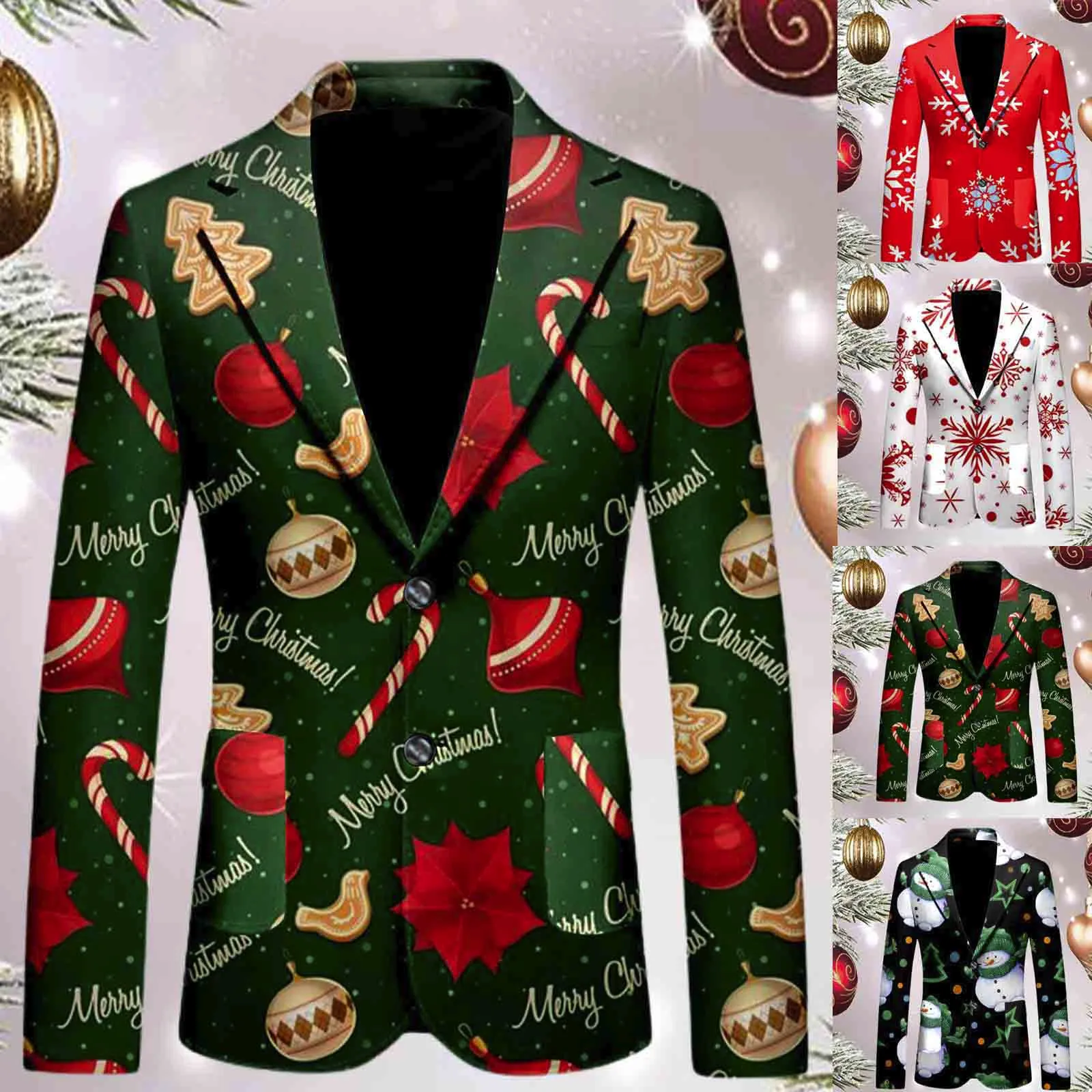 Christmas Theme Printed Slim Fit Suit Coat Men Casual Personality Fashion Suit Jacket Adult Lapel Single Breasted Blazer