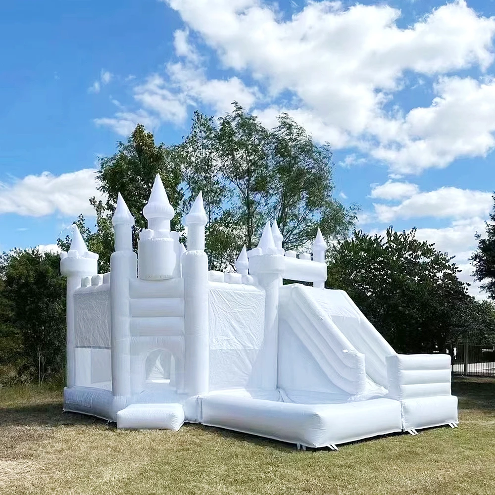 Corrediça inflável do bouncer com poço de bola para crianças perfeito para festas de casamento aniversários diversão ao ar livre soprador de castelo branco incluído