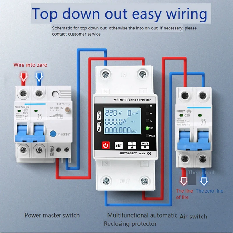 Interruptor de circuito inteligente con Wifi, dispositivo de protección contra fugas de tierra, bajo voltaje, temporizador, energía, Kwh, 2x63A, TUYA
