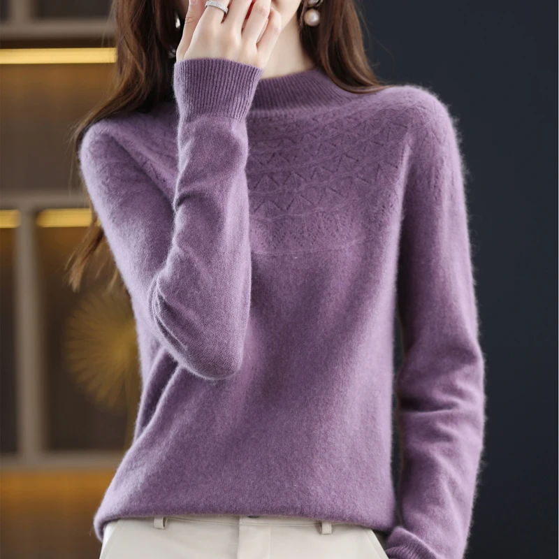 100% pure wool new first-line ready-to-wear seamless hollowed-out semi-high collar solid color long-sleeved sweater female