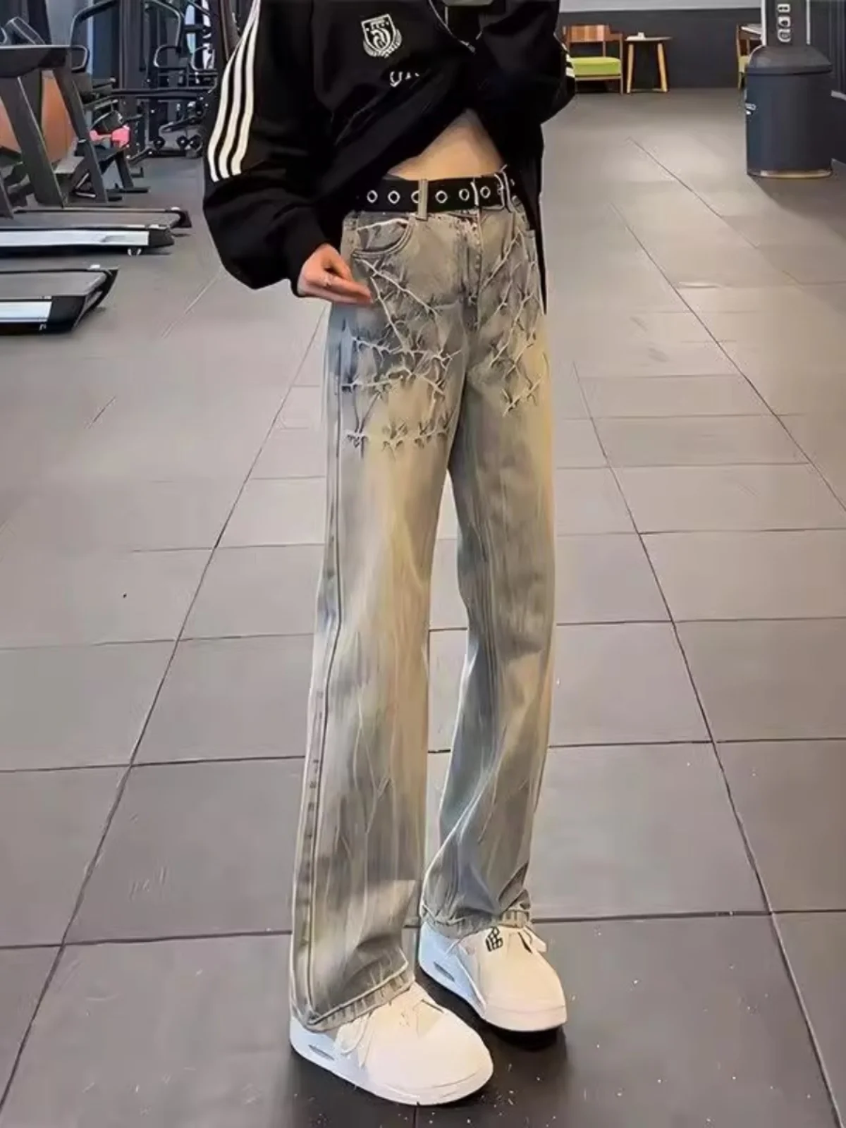 

Cleanfit American Sle Lightning Pattern Jeans Straight Leg Bell Bot ex High Street Vibe Casual Denim Jeans