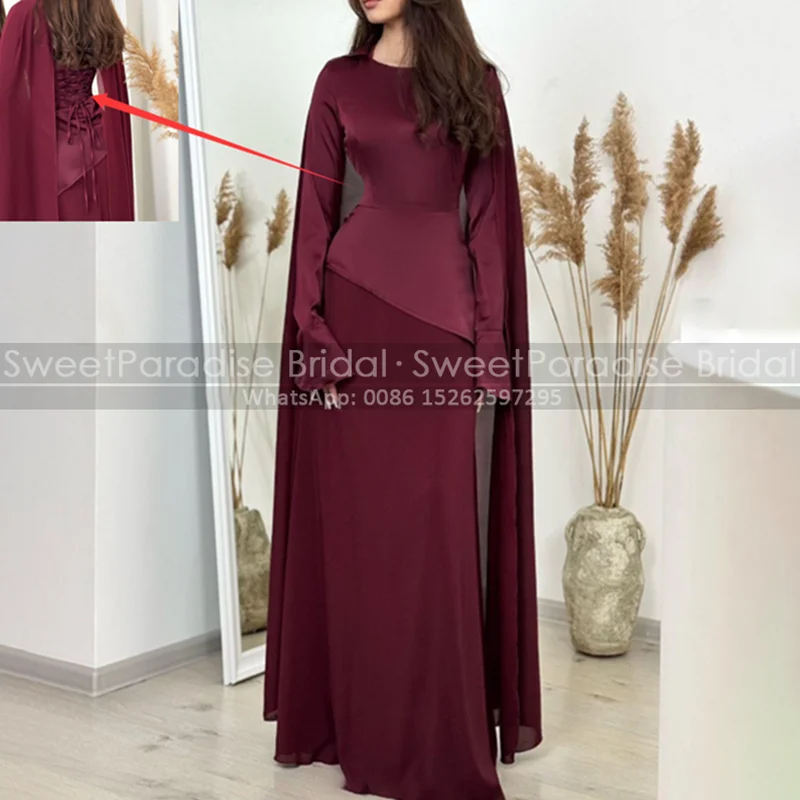 

Burgundy A Line Evening Dress Long Cape Sleeves Cloak Customized Arabic Kaftan Women Prom Dresses Party