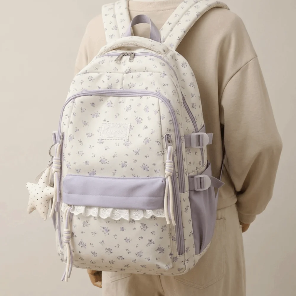 Lace Decor Floral Print Backpack Large Capacity Star Pendant Bookbag Ultra Lightweight Fresh Aesthetic School Bag Teen Girls