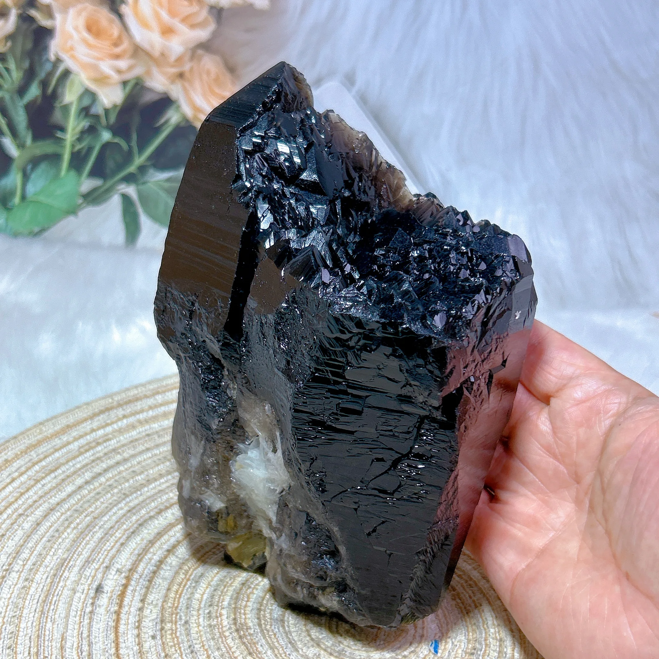 Natural Crystals Rare Brazil Black Quartz Cluster Raw Stone Skeletal Specimen With Calcite Phlogopite Healing Home Decorations