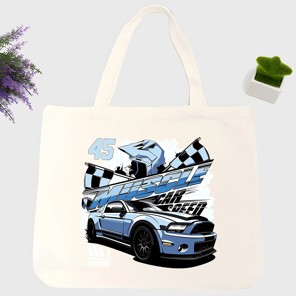 Men's racing car graphic canvas tote bag with typography print, ideal for casual daily use and weekend outings