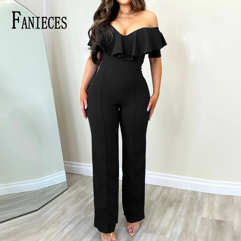 FANIECES Elegant Ruffle Sleeveless Summer Wide Leg Jumpsuit Sexy Off Shoulder V Neck Jumpsuits Club Overalls Celebrities Outfits