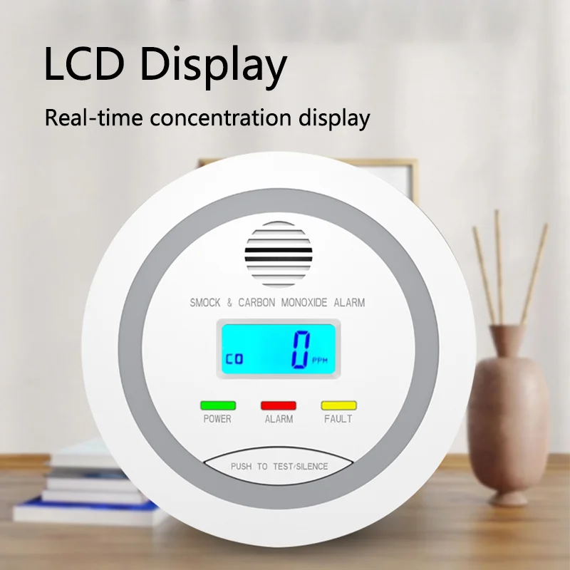 Rauch- und Kohlenmonoxidmelder, 2-in-1-Rauch-CO-Detektor, AA-Batterien, angetriebenes LCD-Display, Hush-Taste, Ton- und Lichtalarm, CE