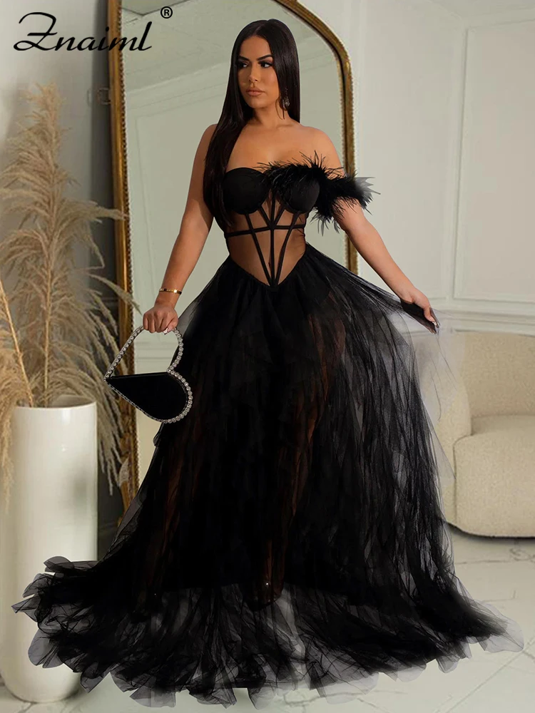 

Znaiml Elegant Wedding Off Shoulder Maxi Dress Women Ball Gown Birthday Sexy Cascading Ruffles Evening Club Party Black Dresses