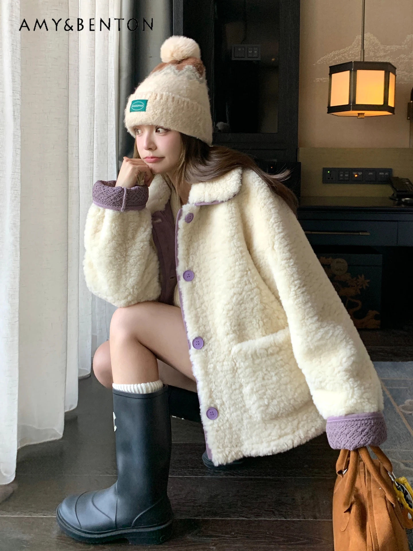 

2025 Autumn Winter New Korean Style Off-White Purple Patchwork Lapel Single-Breasted Loose Casual Warm Lamb Wool Coat