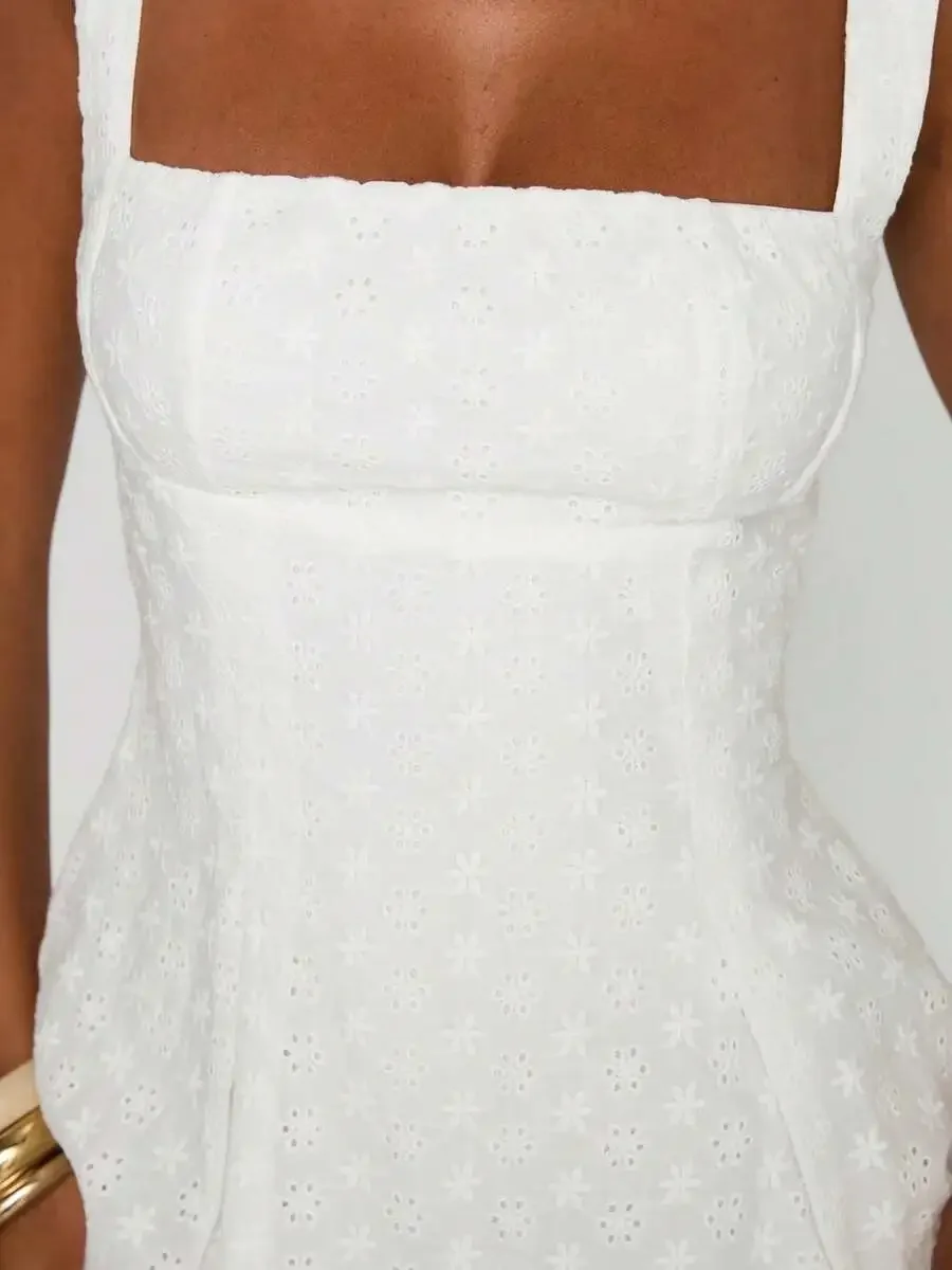 

Womens Sleeveless Square Neck Floral Eyelet Embroidery Cami Dress Summer Beach