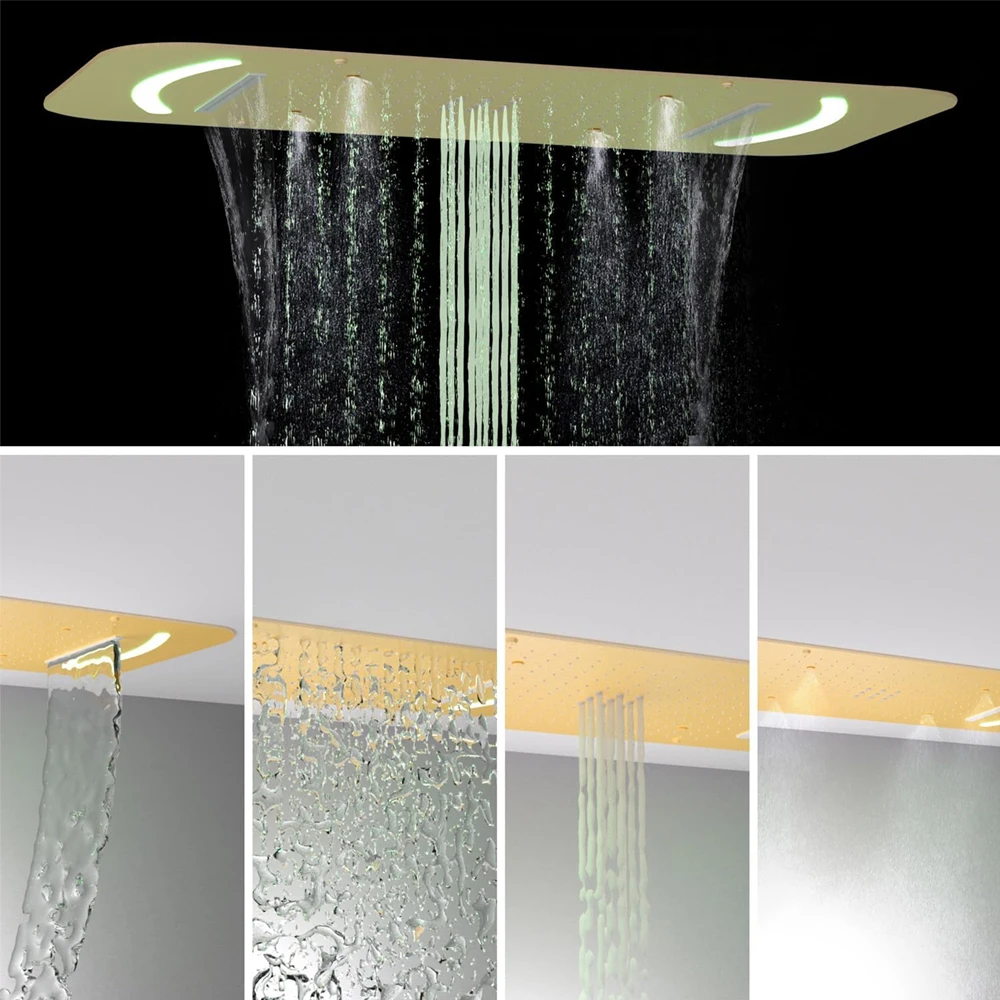 Brushed Gold Ceiling Mount 4 Functions LED Shower Head System 27.95inch Rainfall Thermostatic Shower Faucet Set Complete