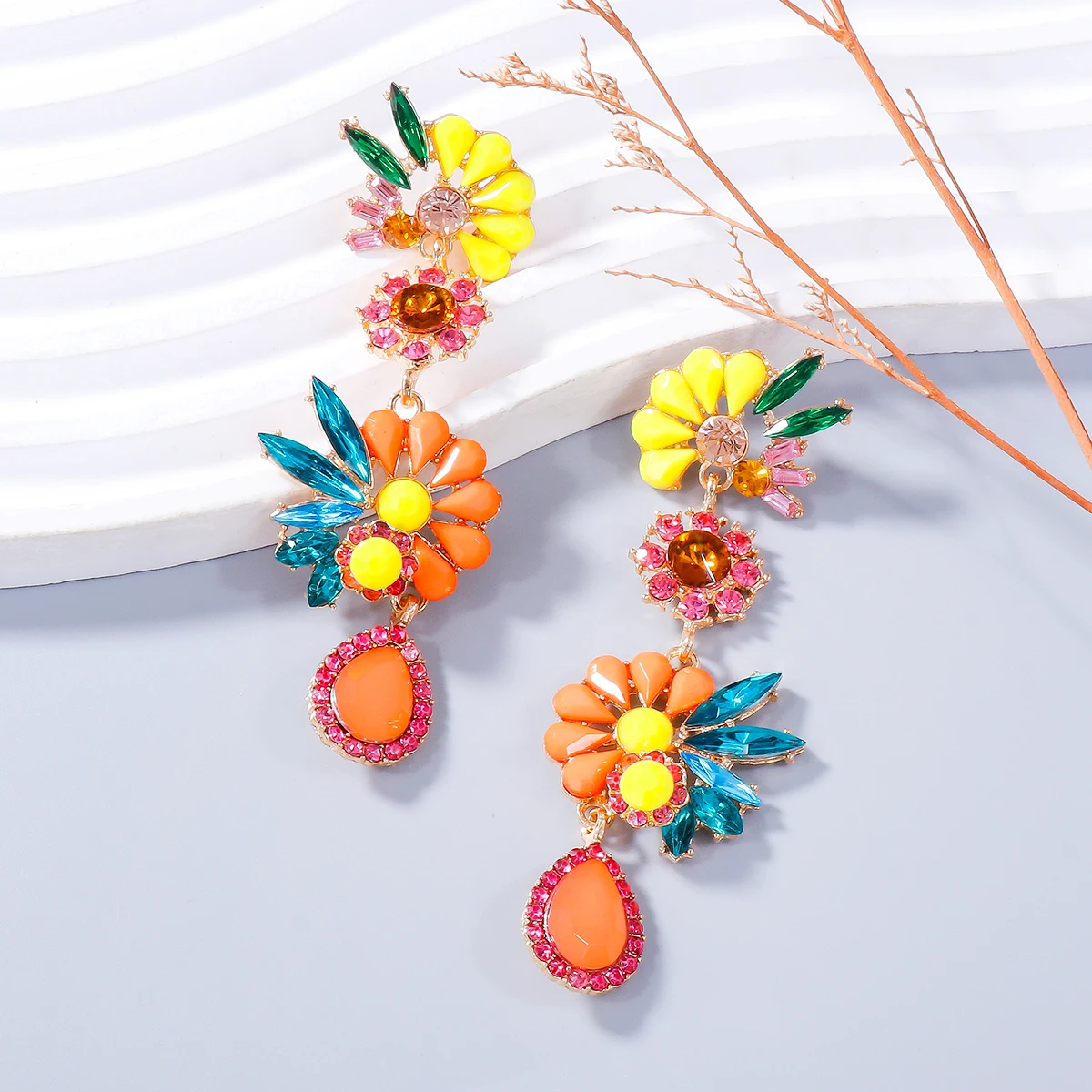 New Colorful Rhinestone Flower Drop Dangle Earrings Women Fashion Summer Holiday Boho Jewelry