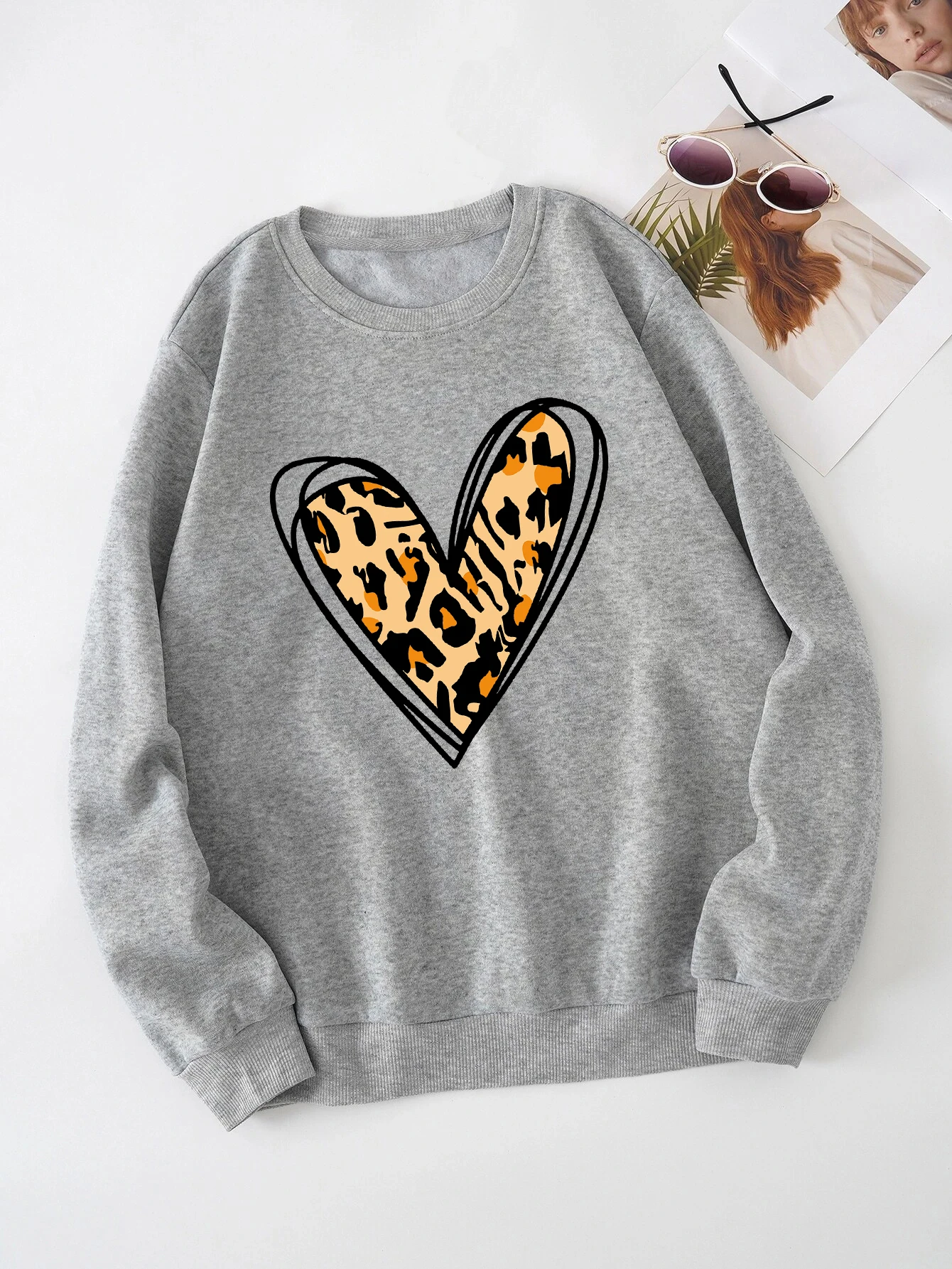 Women\'s Love Print Thermal Lined Crew Neck Pullover Long Sleeve Sweatshirt