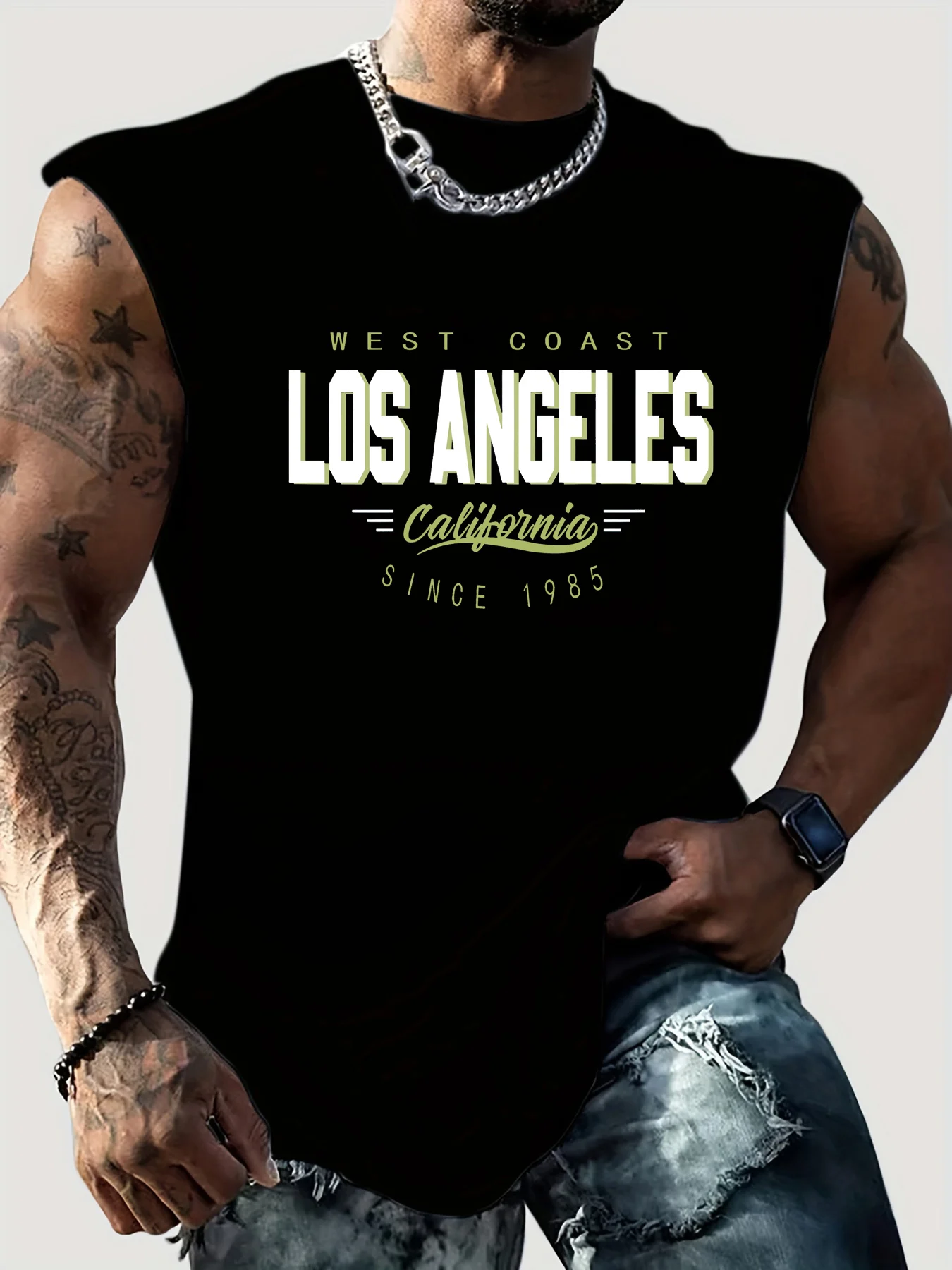 Men's Summer Leisure Sports Fitness Loose Los Angeles Pattern Printed Comfortable Breathable Round Neck Sleeveless Tank Top