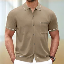 2024 New Men's Button-down Knitted Polo Shirt Luxury Streetwear Solid Color Short Sleeve Shirts Fashion Knitwear Casual Tops