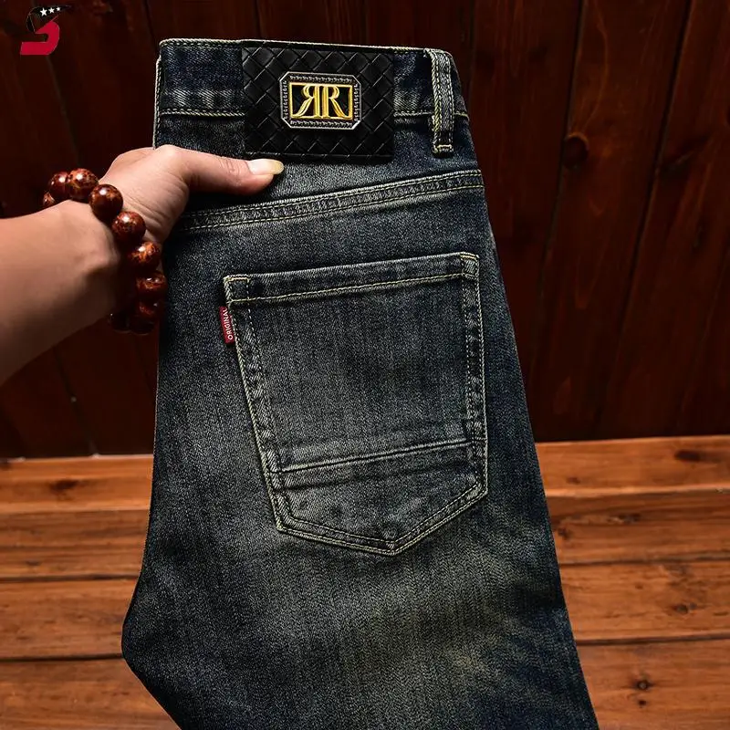 Fashion High-End Men's Jeans Autumn Winter New Ripped Patch Stretch Slim Fit Retro Vintage Long Pants