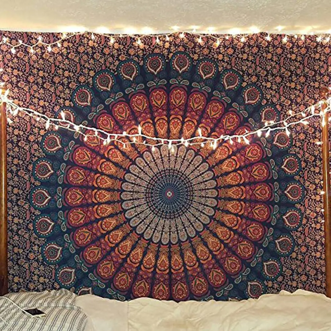 VIKAMA Bohemian Mandala Wandteppich, tiefblauer Hintergrund mit rotem Ocker, Paisley-Blumenmuster, Schlafzimmer, Wohnzimmer, Wanddekoration