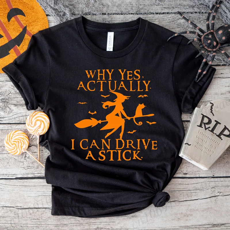 Yes I Can Drive A Stick T-Shirts, Halloween Women Shirt, Funny Witch Tops, Halloween Party Women Men T-Shirts Short Sleeve Tops