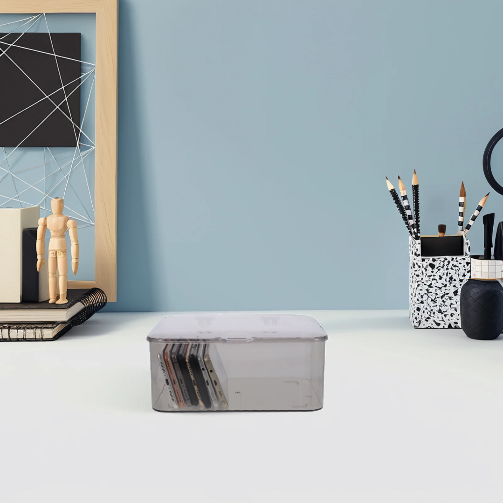 منظم مكتب شفاف مع غطاء صندوق درج بلاستيكي شفاف لملصقات الهاتف وسجل القصاصات والورقية والخرز والقرطاسية والمكتب المنزلي